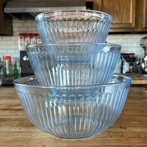 Pyrex Light Blue Ribbed Bowls